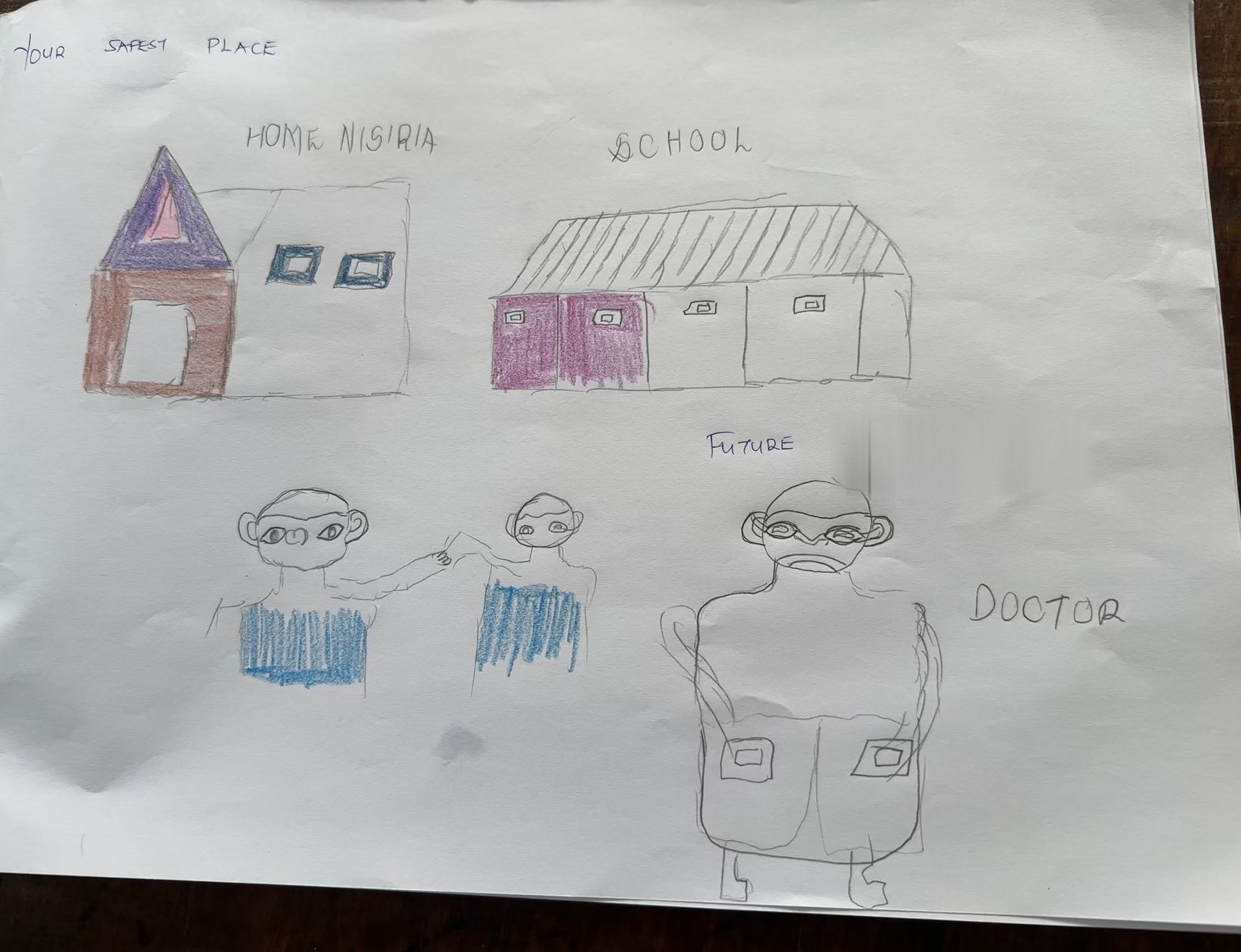 A child's drawing titled your safest place: home at Nisiria, school, and a future as a doctor